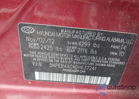 2013 Hyundai Sonata Gls из США, поврежденный, VIN 5NPEB4AC4DH637241